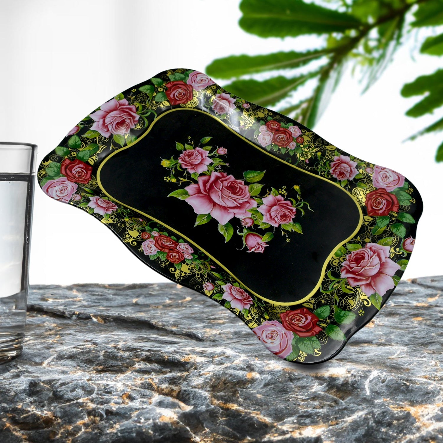5537 Stainless Steel Serving Tray With Flower Printed Rectangle Premium Dining Table Plate (18 x 8.5 Inch / 1 Pc) 5537 Stainless Steel Serving Tray With Flower Printed Rectangle Premium Dining Table Plate (18 x 8.5 Inch / 1 Pc)